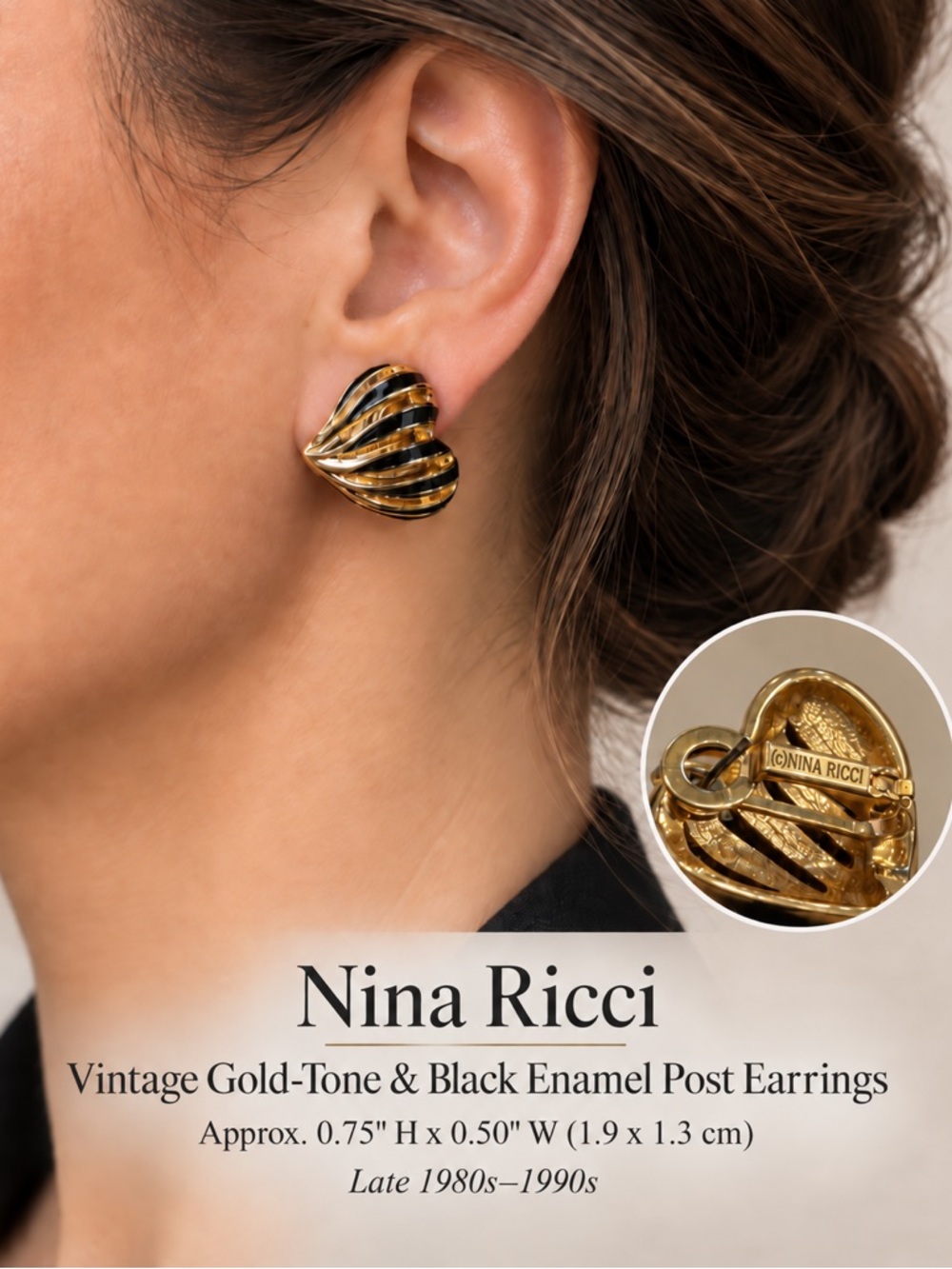Nina Ricci Vintage Gold-Tone & Black Enamel Heart Earrings